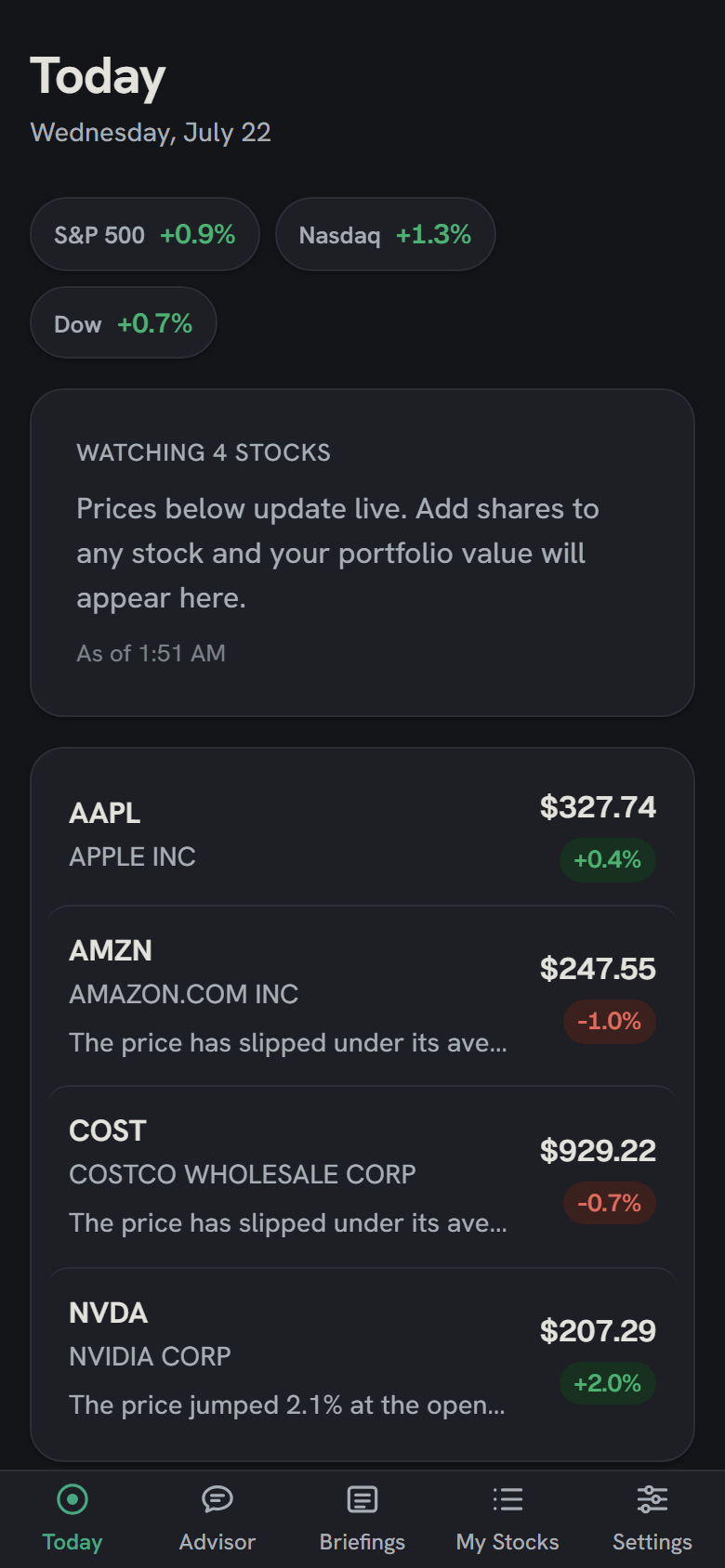 The same Today screen in dark mode, same watchlist and prices
